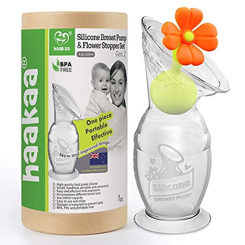 Haakaa Silicone Breast Pump with Suction Base and Flower Stopper 100% Food Grade Silicone BPA PVC and Phthalate Free (4oz/100ml) (Orange)