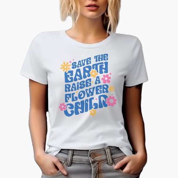 Save the Earth Raise a Flower Child, Retro Wavy Text Art, Earth Day Merch Gift, White T-Shirt, Small