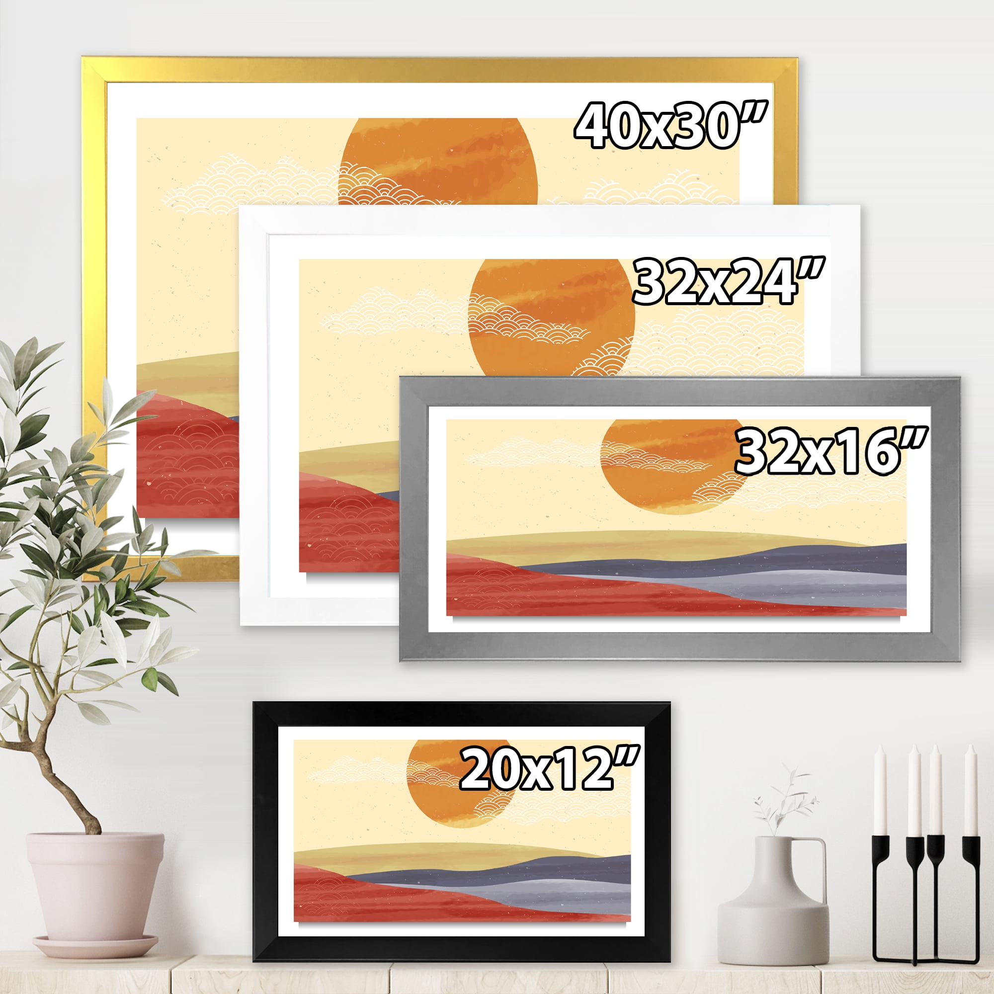 Designart 'Abstract Minimalistis Landscape Mountain & Moon' Modern Framed Art Print