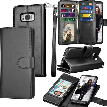 Samsung Galaxy S9 / S9 Plus / S8 / S8 Plus Wallet Case, Tekcoo Luxury Cash Credit Card Slots Holder PU Leather Flip Cover [Detachable Magnetic Hard Case] & Kickstand & Wristlet Strap Cover