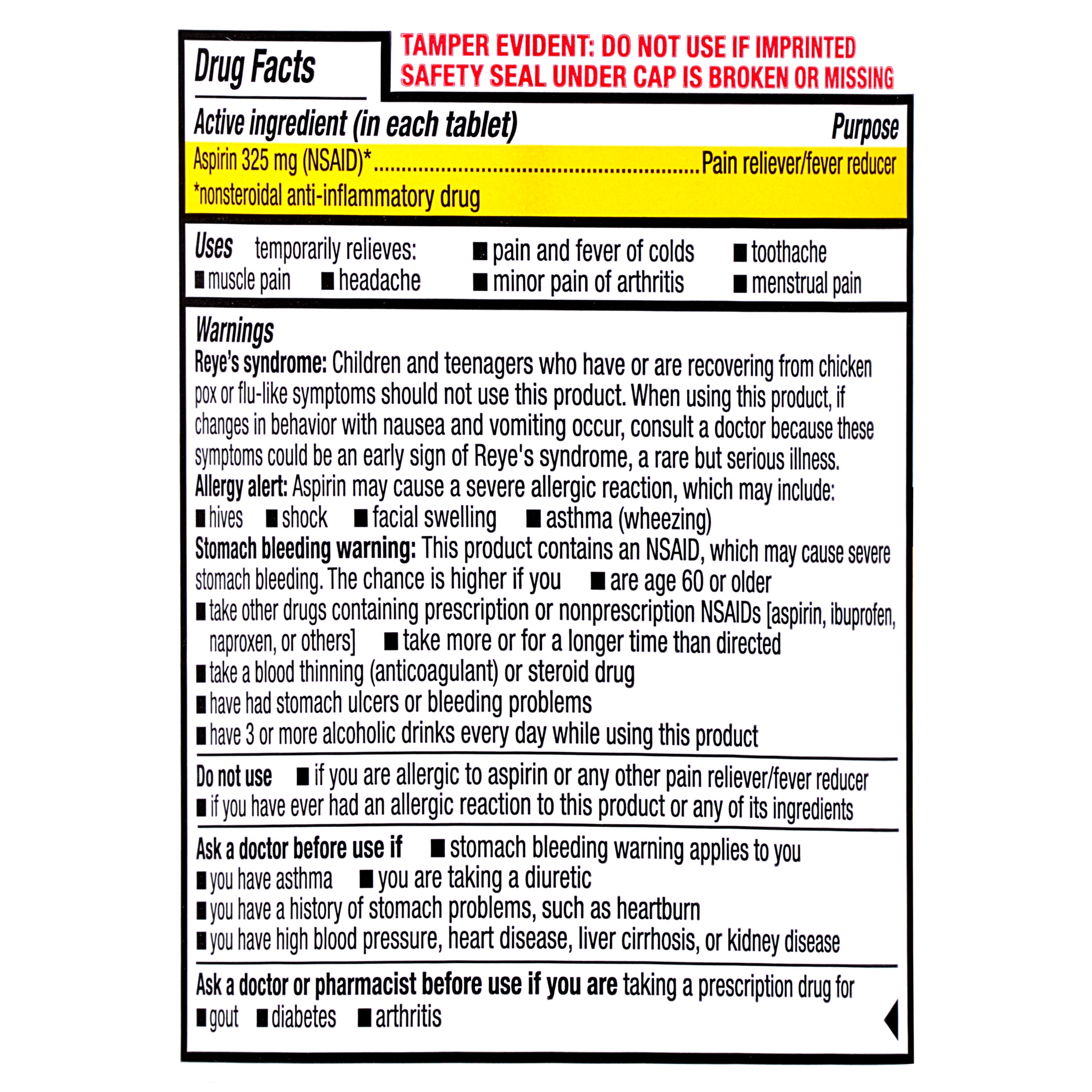 Equate Aspirin Pain Reliever/Fever Reducer Coated Tablets, 325mg, 500 Count, Compare to Genuine Bayer® Aspirin Active Ingedient
