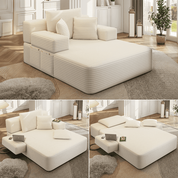 60'' Oversized Chaise Lounge Chair Sofa Bed, Corduroy Upholstered Boneless Sofa Bed, Deep Seat Sleeper Couch Bed Reading Chairs, Cloud Sofas Couches for Living Room, No Assembly Required Beige