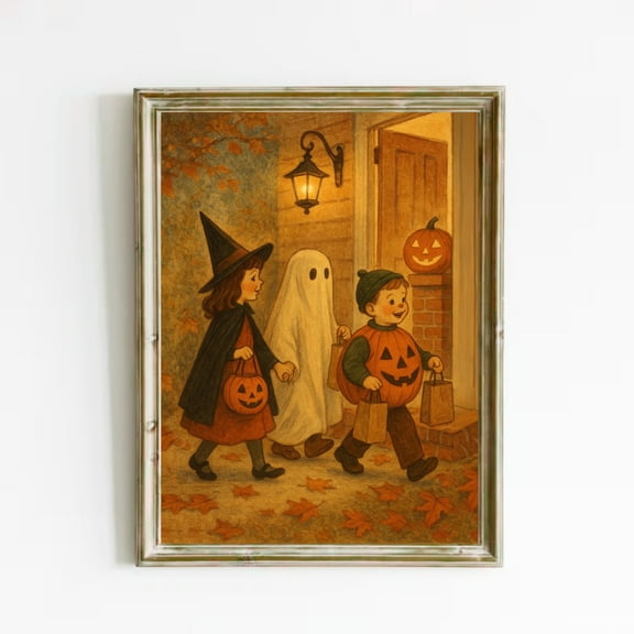 MSFCON Vintage Halloween Trick Or Treat Art Print | Witch And Ghost Wall Decor | Children Fall Wall Art | Retro Poster