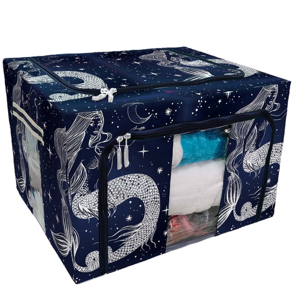 PKQWTM Beautiful Mermaid With Moon In Her Hands Storage Bag Clear Window Storage Bins Boxes Large Capacity Foldable Stackable Organizer With Steel Metal Frame For Bedding,Clothes,Closets, Bedrooms
