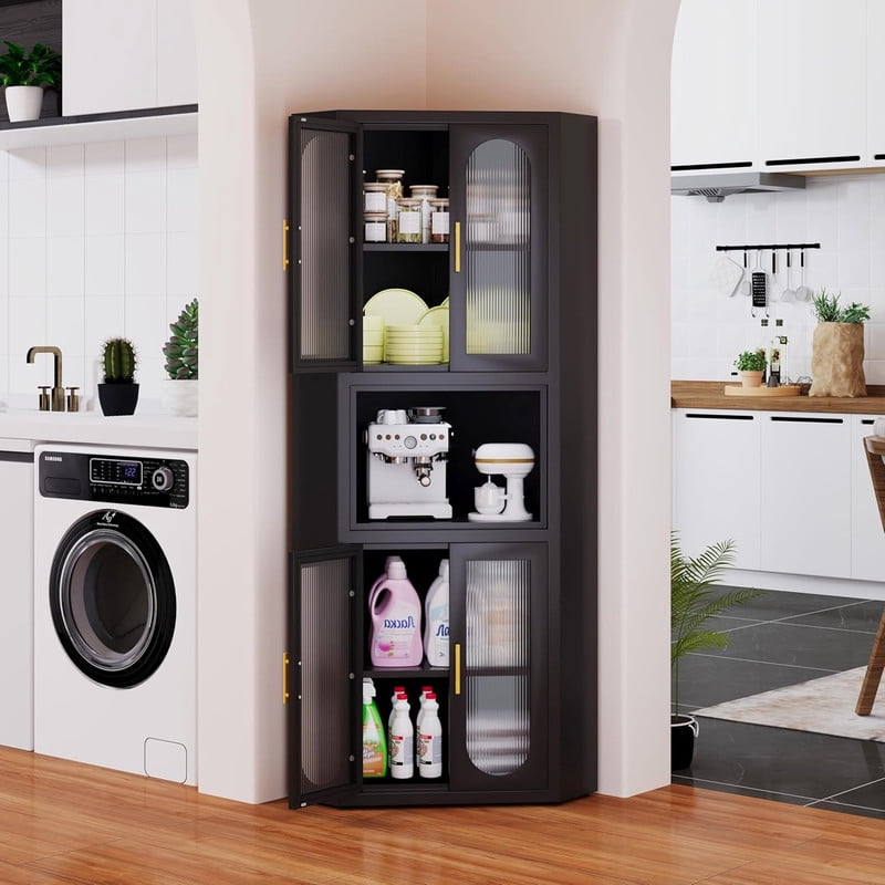 Ero Metal Corner Storage Cabinet with Acrylic Glass Doors and Shelves