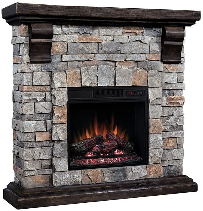 ClassicFlame Denali Stone Electric Fireplace Mantel Package in Brushed