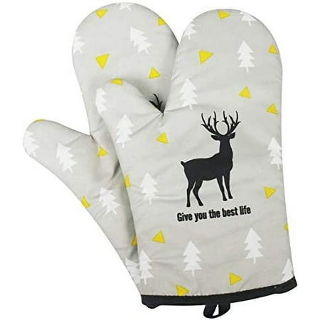 

Kitchen Oven Mitts Quilted Cotton Lining Oven Baking Gloves Heat Resistant Oven Gloves (Deer)（2pcs，white）