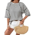 thumbnail image 3 of Women'S Tops Oversized T-Shirts Striped Color Block Short Sleeve T Shirts Crewneck Tee Blouses Black XL, 3 of 10