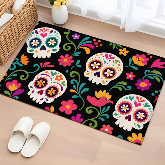 Halloween Skull 2'x3' Washable Rug, Mexican Style Boho Florals Leaves Non-Slip Soft Doormat Area Rugs for Entrance Bathroom Bedsides, Front Doormat Carpet for Kitchen Bedroom, Entryway Floor Mat
