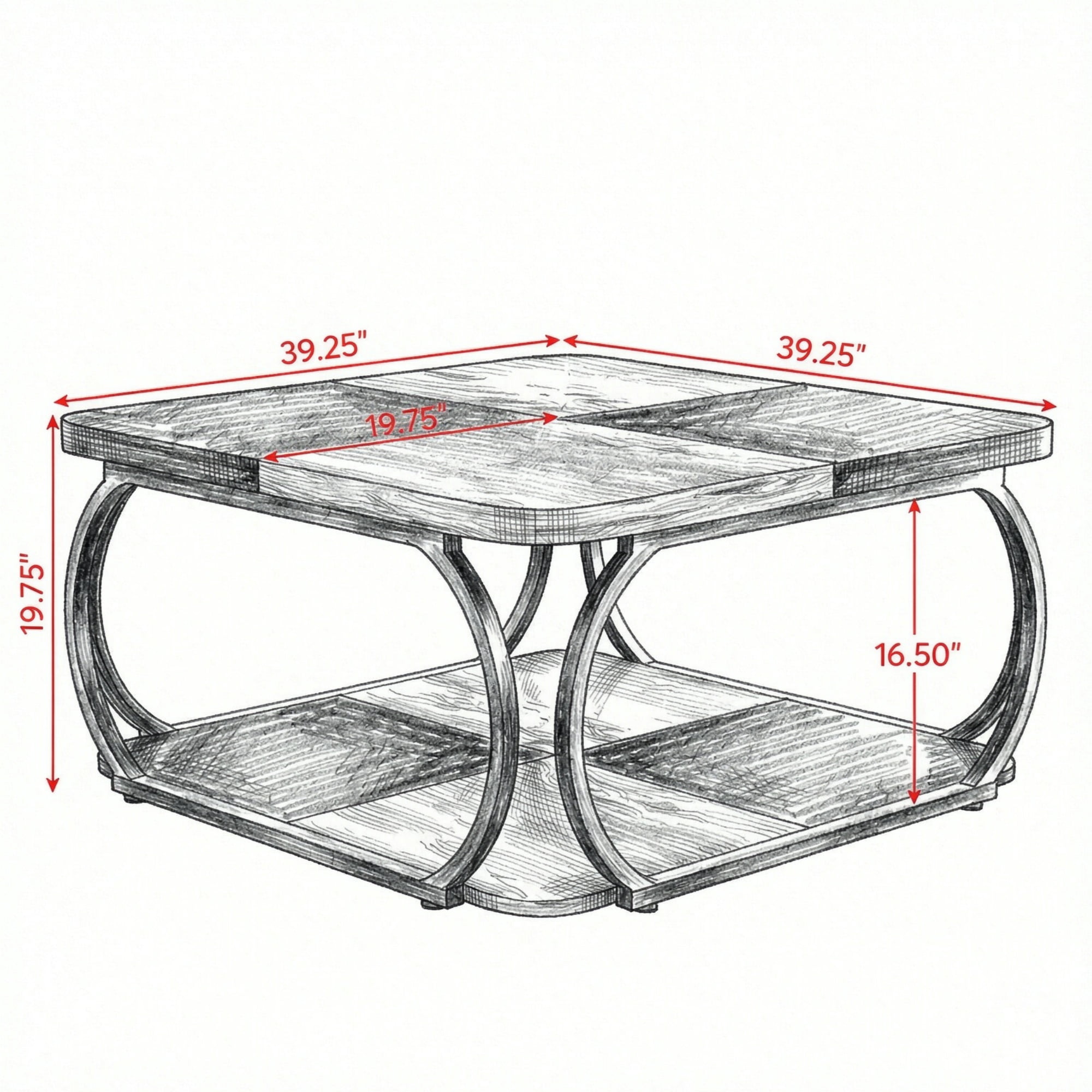 39 Inch Square Cocktail Table with 2 Tier Shelves, Central Coffee Table