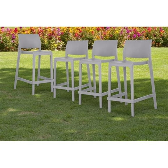 HomeRoots 565368 26 in. Gray Heavy Duty Plastic Low Back Outdoor Counter Height Bar Chairs - Set of 4
