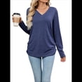 thumbnail image 3 of Camisetas de Mujer con Cuello en V, Larga, Informales, Básicas, Lisas y Suaves Azul Marino L, 3 of 10