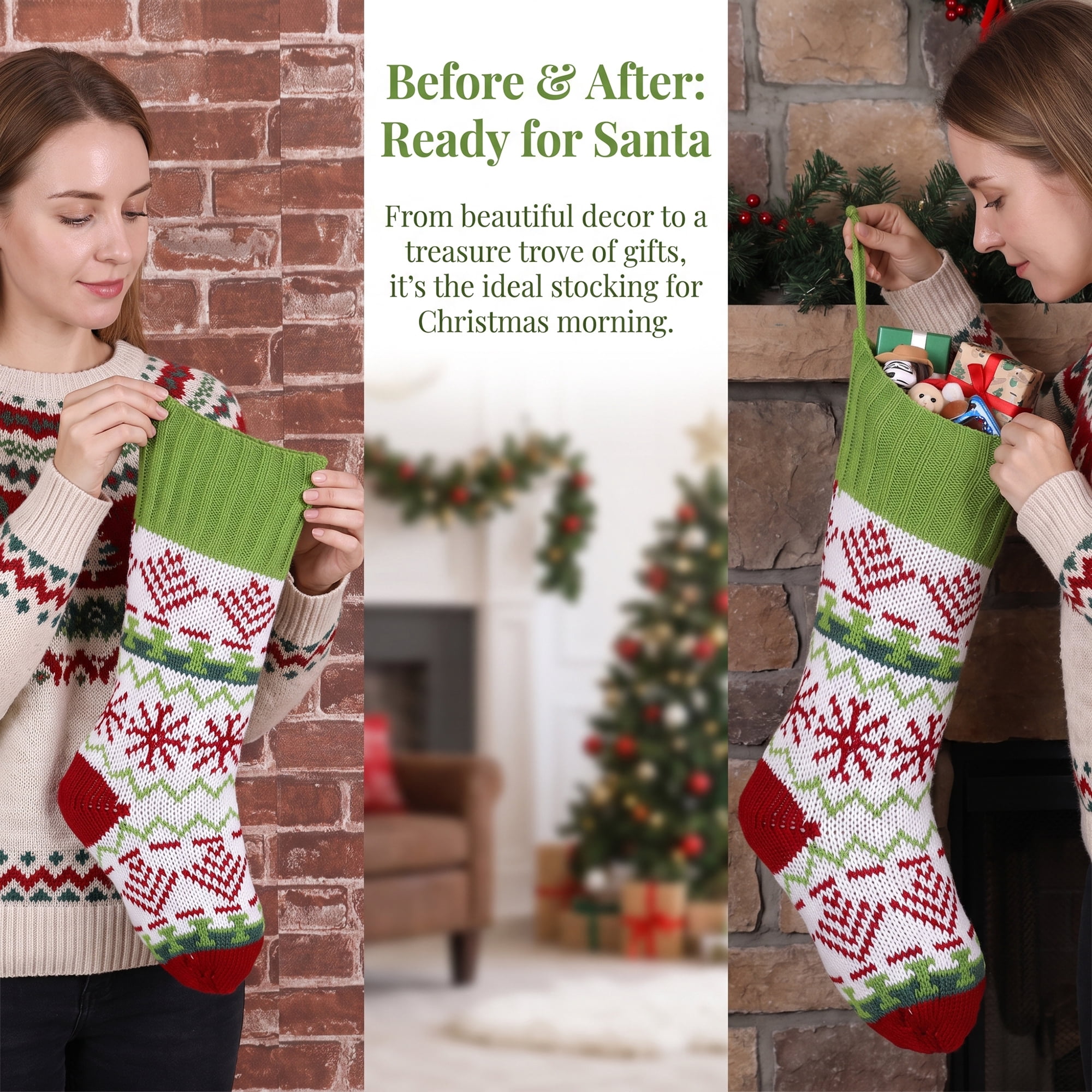 Unique Bargains Holiday Christmas Double Layer Knitted Motif Stocking Green 20"