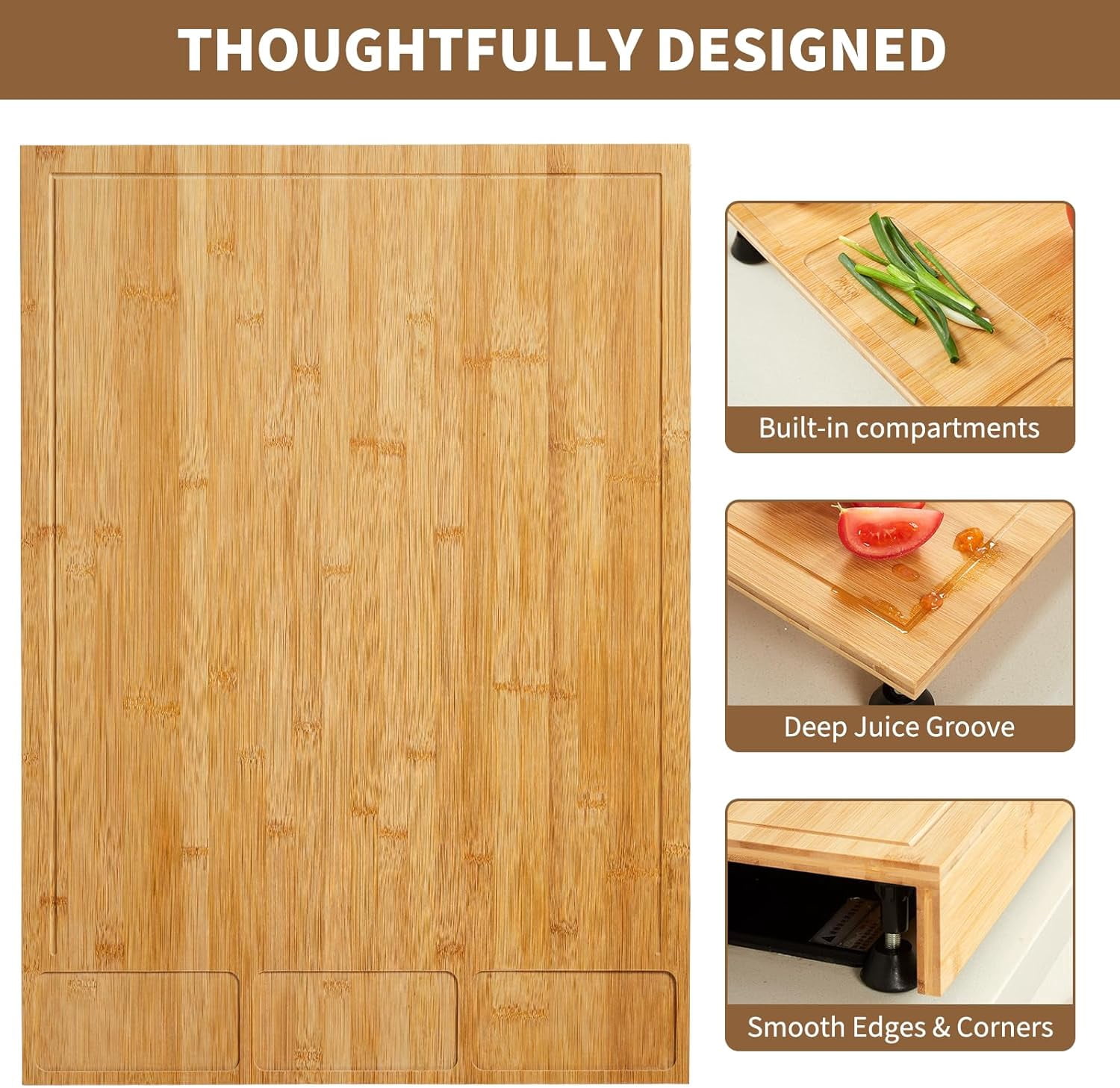 Towallmark Bamboo Cutting Board & Stovetop Cover - Raised Chopping Board with Detachable Legs, Juice Groove & Compartments - Versatile Sink Cover for Home and Restaurant Kitchen Countertops