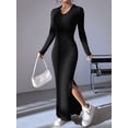 thumbnail image 6 of Women'S Casual Long Sleeve Collar V Neck Maxi Sweater Dress Slit Thigh Ribbed Knit Bodycon Pencil Dresses Black XL, 6 of 10