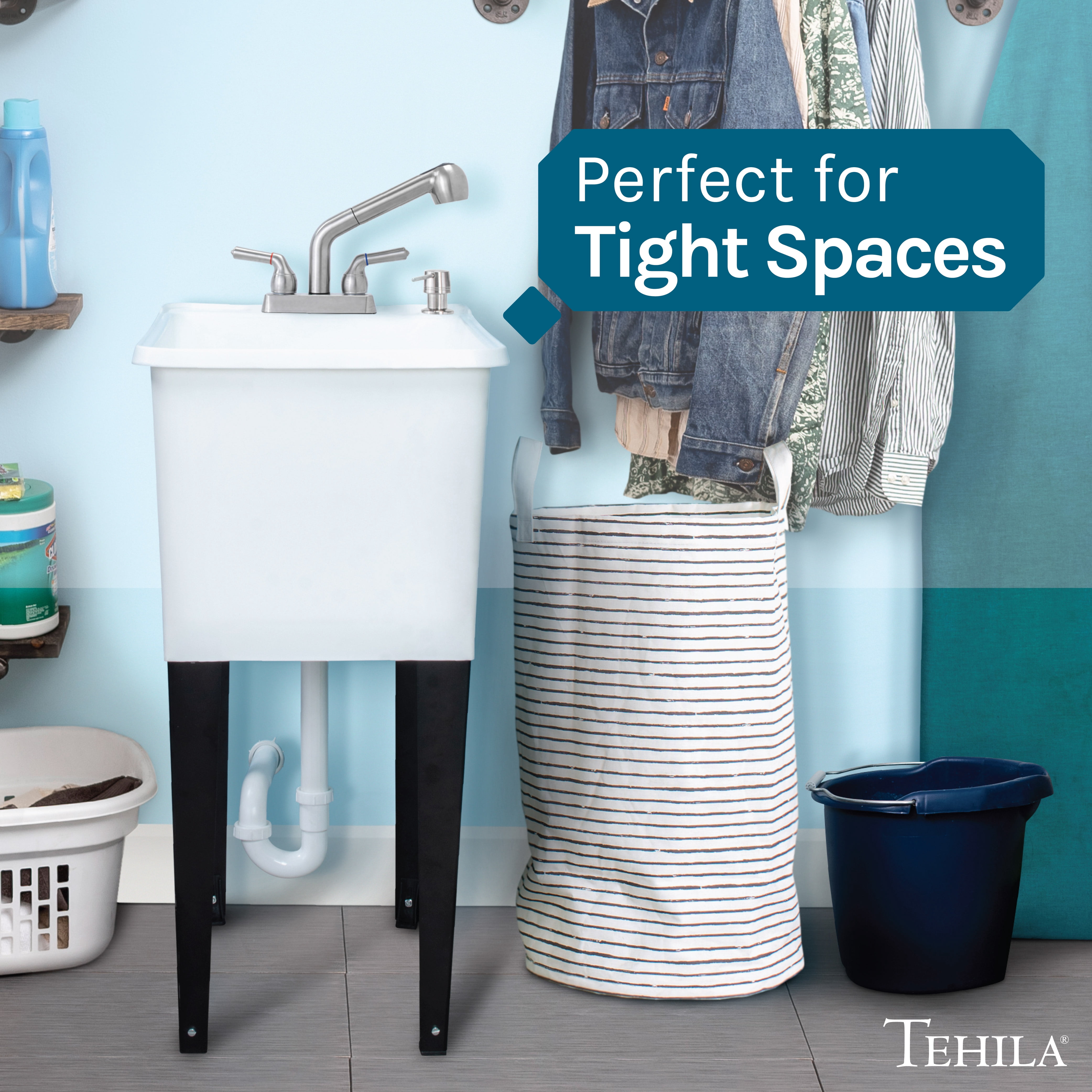Tehila Free Standing 16 Gallon White Laundry Utility Sink Tub with Stainless Finish Pull-Out Faucet