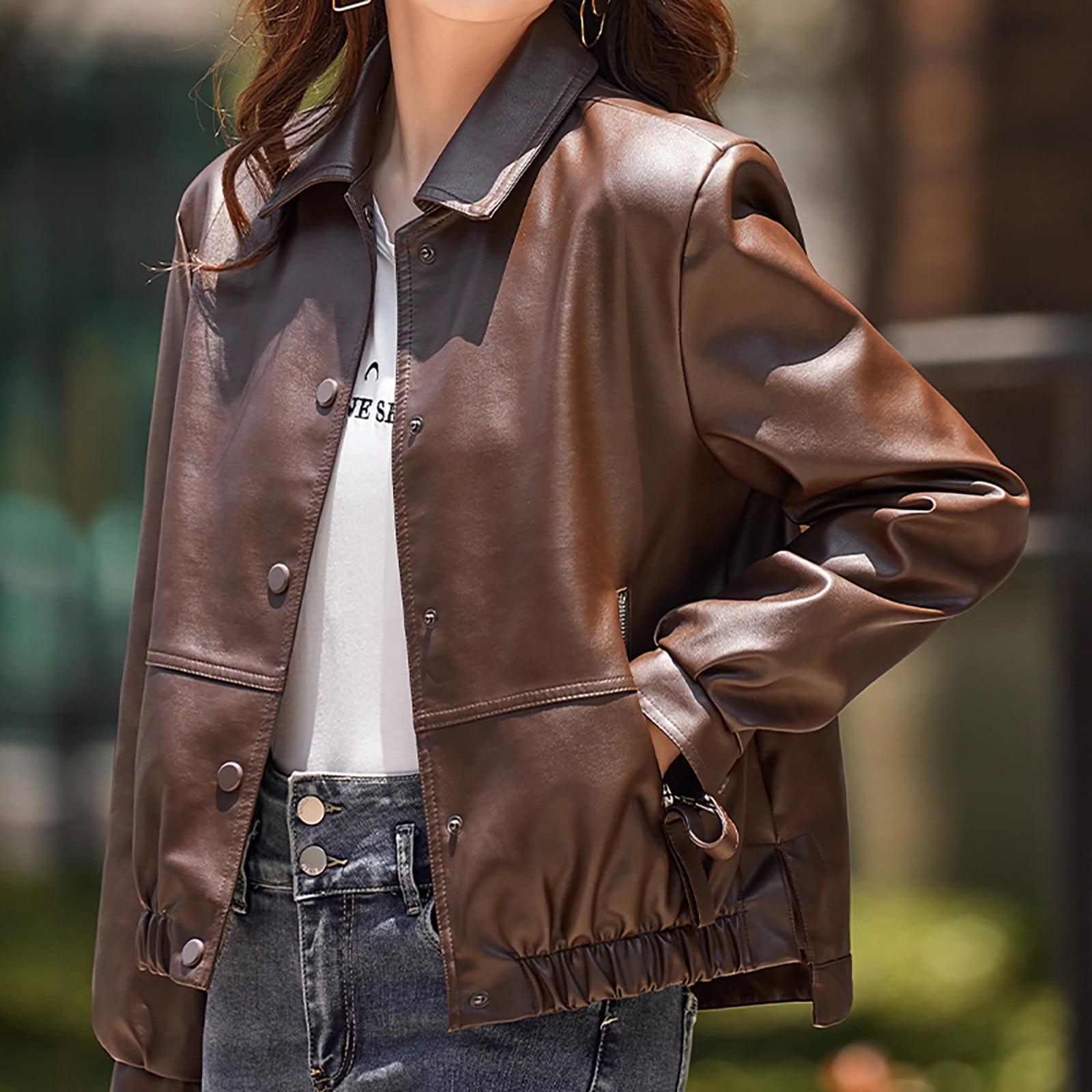 Cropped Faux Leather Jacket for Women Button Down Cool Motorcycle Short Jacket Long Sleeve Casual Crop Outwear (Large, Coffee)