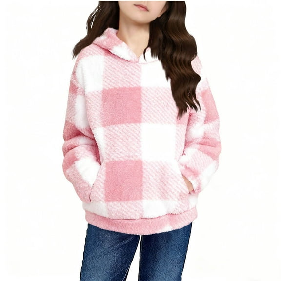 Kovlvoll Children Girls Clothes Toddler Winter Sherpa Sweatshirts Plaid Long Sleeve Hoodies Fuzzy Fleece Lined Pullover Tops with Pockets