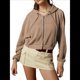 thumbnail image 1 of Sudadera Corta con Capucha y Cremallera para Mujer, Estilo Años 90, Larga, Cordón Ajustable y Bolsillos. Marrón L, 1 of 9
