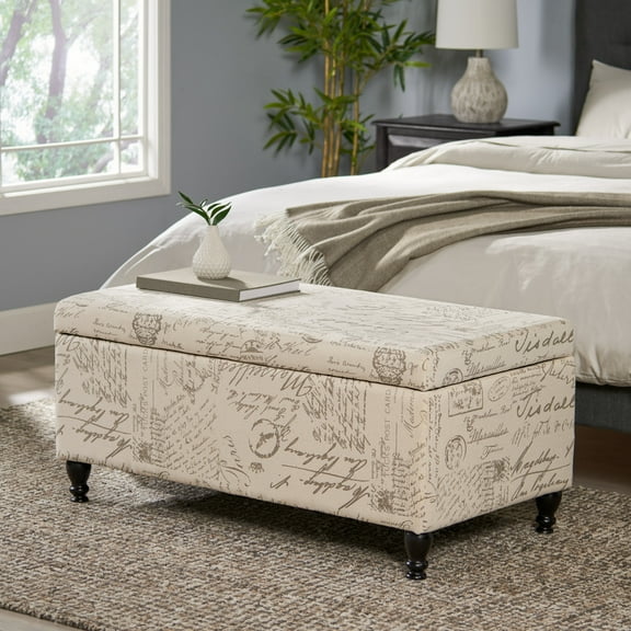Noble House Phelan Rectangular Fabric Lift Top Storage Ottoman, French Script