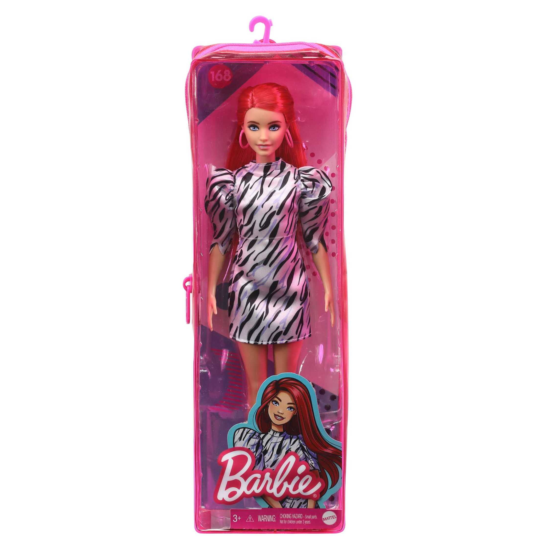 Barbie Fashionistas Doll #168 with Smaller Bust, & Long Red Hair in Zebra-striped Dress Barbie Fashionistas Doll #168 with Smaller Bust, & Long Red Hair in Zebra-striped Dress