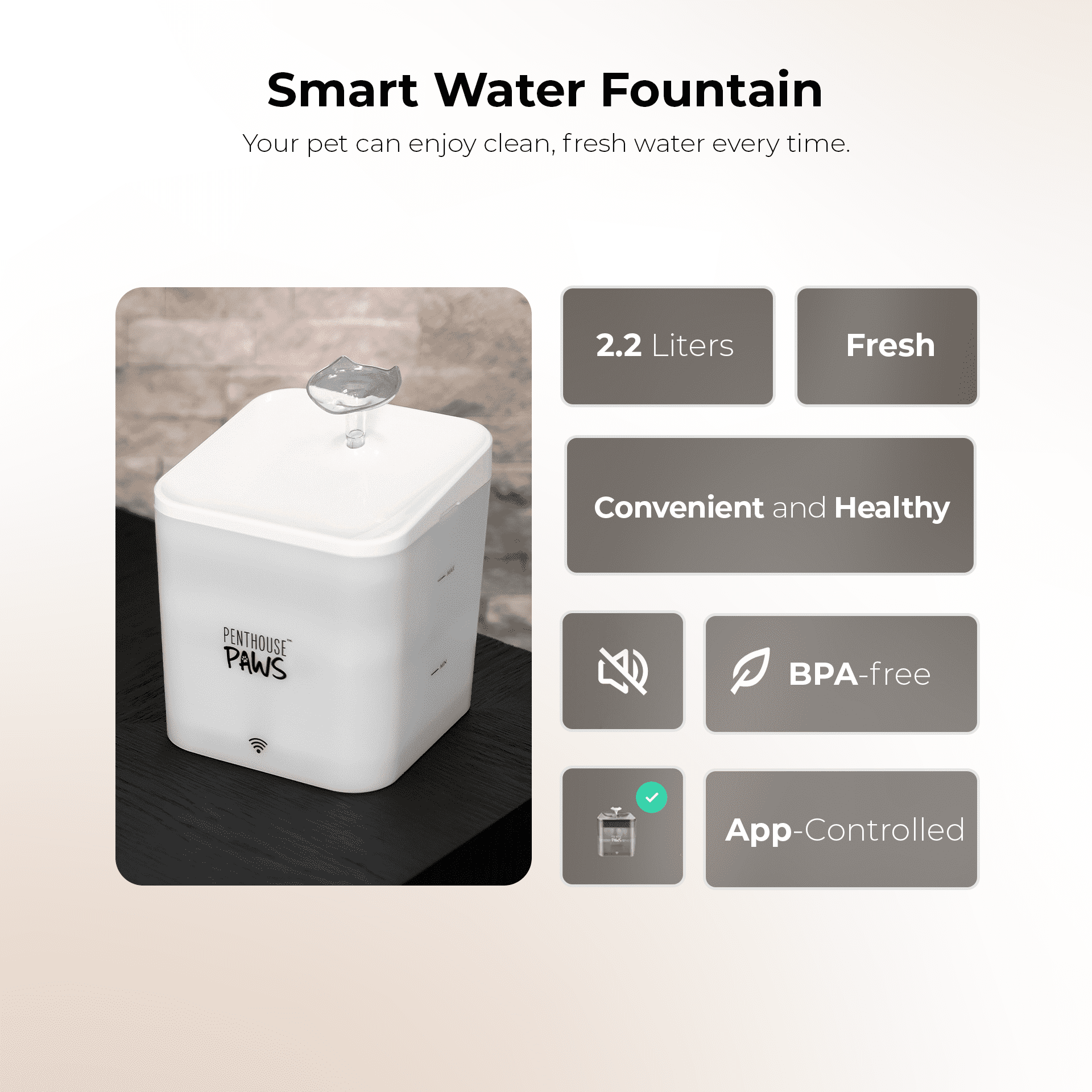 Penthouse Paws Smart Pet Water Fountain for Cats and Dogs, App Controlled, 5-Stage Filtration, 2.2L, White