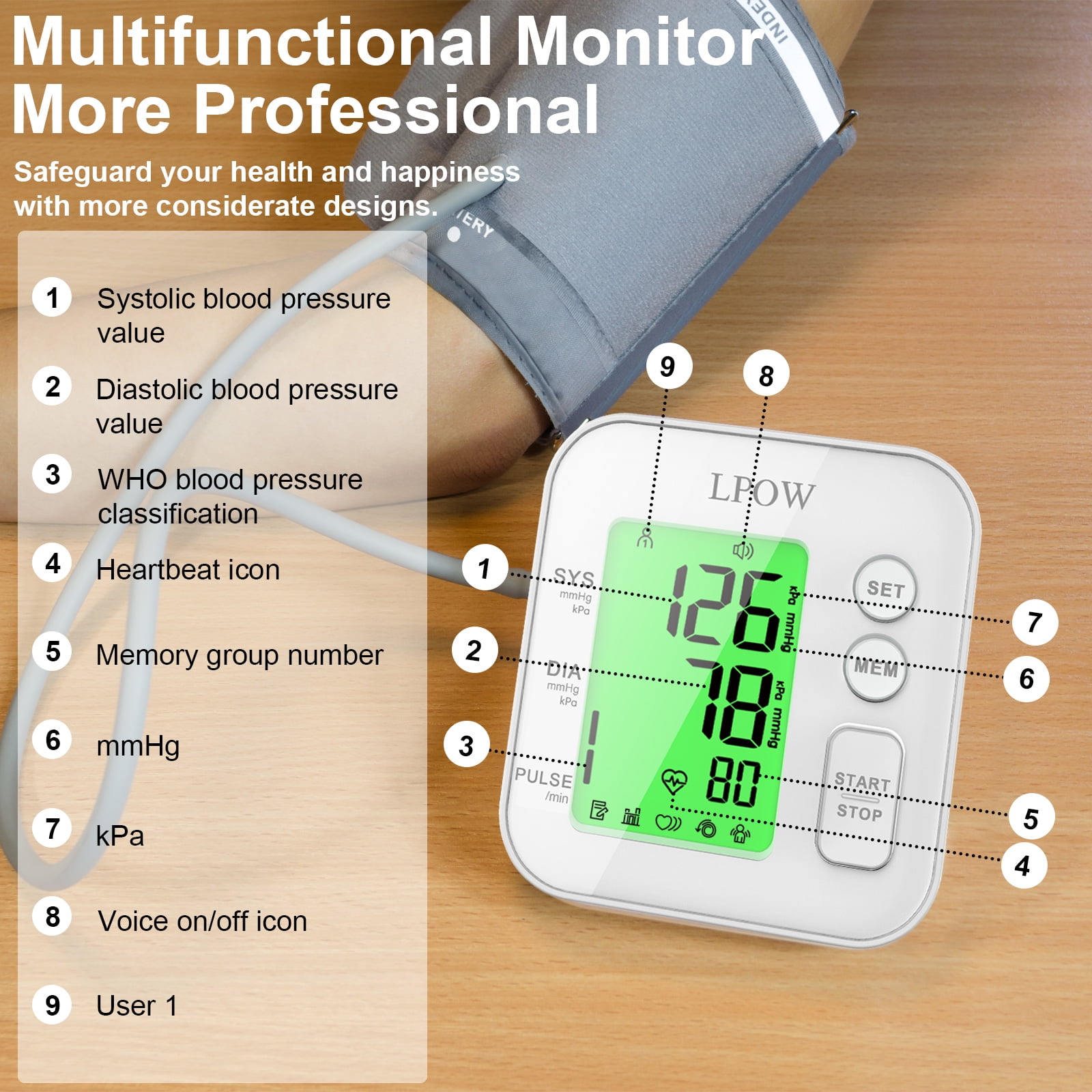 LPOW Upper Arm Blood Pressure Monitor with Speaker, 2 Users, 198 Recordings, Large Cuff, Large Display Screen
