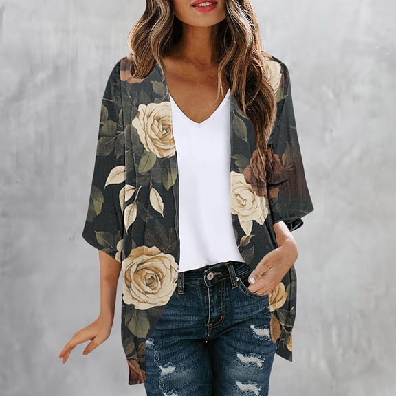 ThriftyPlait Women's Floral Print Cardigan Casual Fashion Boho Beach Tops Loose Fit 3/4 Sleeve Open Front Outerwear Cover Up Dailywear for Summer