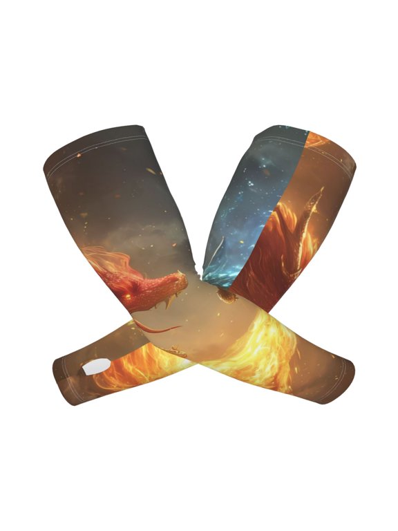 's Red And Blue Fire Dragon B print Arm Sleeves offer cooling UV protection and sports compression for both men and women.