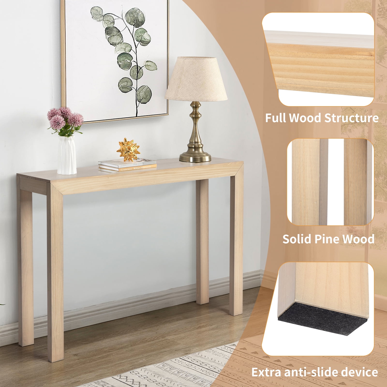 Zimtown Modern Console Table for Entryway, 46" Long Simplistic Sofa Table Narrow Hallway Foyer Table for Living Room, Pearl Wood