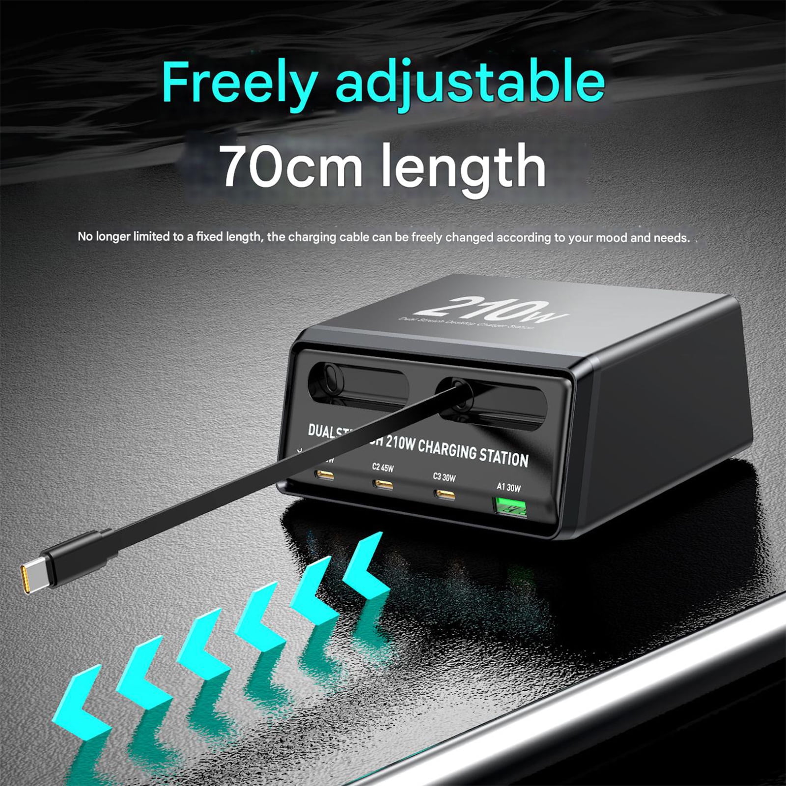 Compact Retractable Cable Chargers 210W for Phones Tablets Laptops Multi Port Design Efficient Charging