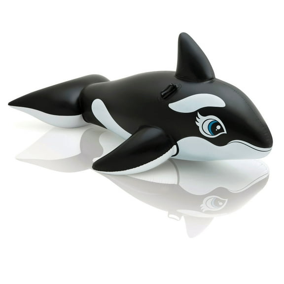 Black and White Orca Whale Ride-On Inflatable Pool Float with Handles for Ages 3 