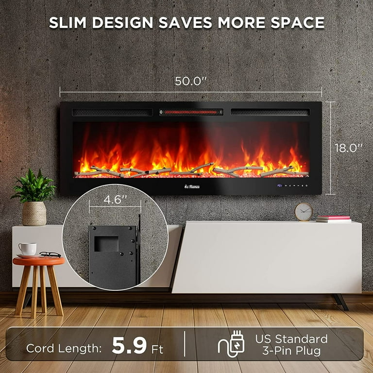 Turbro Wifi Electric Fireplace with Realistic Flame and Crackling Sound,  1500W Infrared Quartz Heater, Recessed or Wall Mounted, 50-inch -  Walmart.com