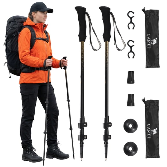 CAMEL Carbon Fiber Trekking Poles Quick Lock Adjustable Hiking Poles with EVA Foam Grip, Lightweight Waliking Sticks 53" for Mountaineering 2PC Black/Gold