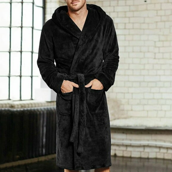 Outfmvch Peignoirs pour Hommes Ensembles de Pyjama en Soie Manteau Long Long Châle Peignoir d'Hiver en Peluche Robe de Nuit en Corail pour Hommes (Liquidation) Noir G