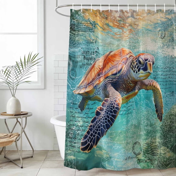 Sea Turtle Waterproof Fabric Shower Curtain,Coastal Nautical Ocean Summer Beach Waterproof Fabric Shower Curtain for Bathroom Curtains Bathtubs Hotel Shower Curtains with 12 Hooks Standard 72x72