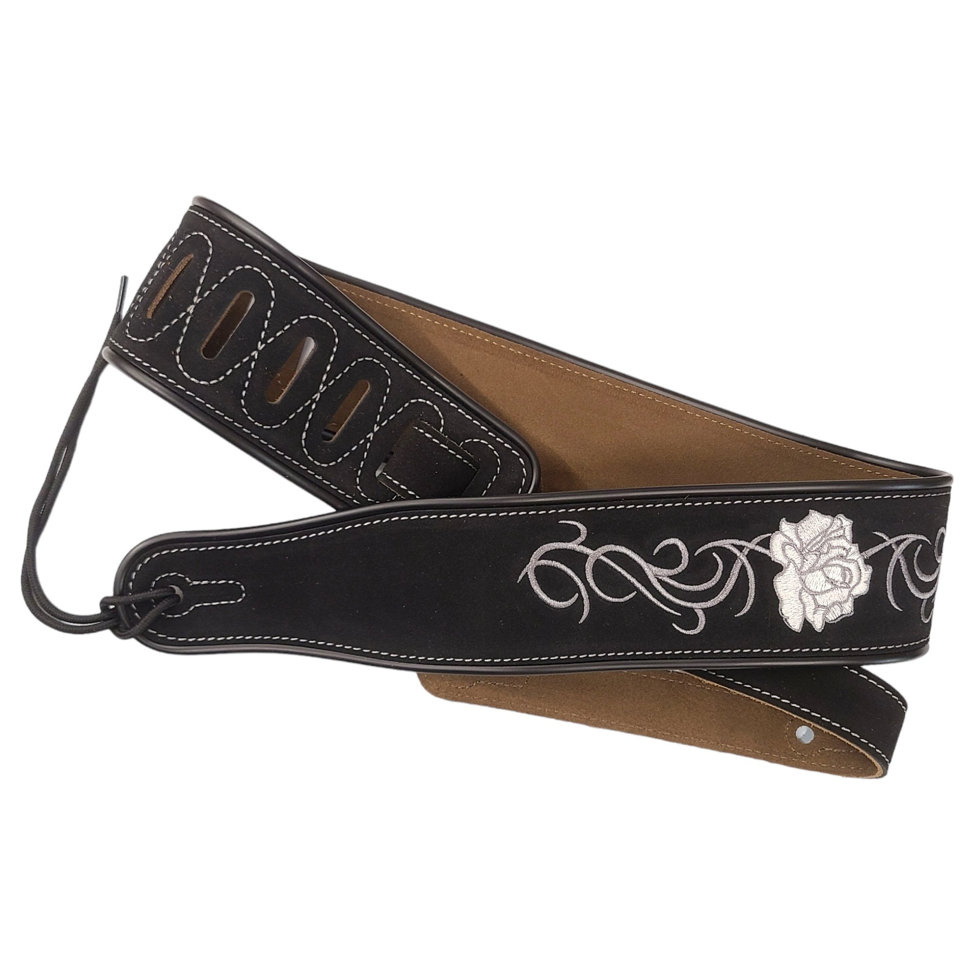 Leather Strap Acoustic Electric Guitar Bass Black Brown Notes Wide Thick Padded Black Suede Flower
