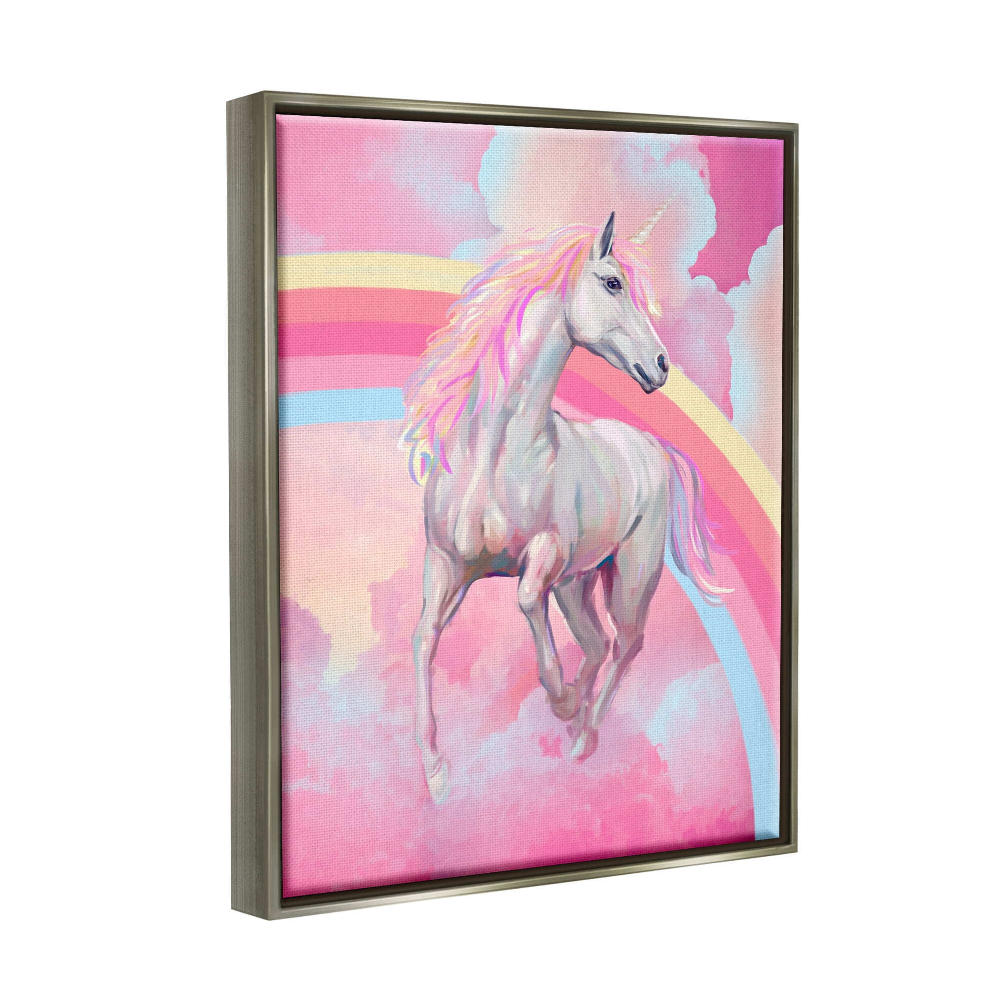 Stupell Industries Pink Unicorn & Clouds Fairy Tales & Fantasy Painting Gray Floater Framed Canvas Art Print Wall Art, 17 x 21