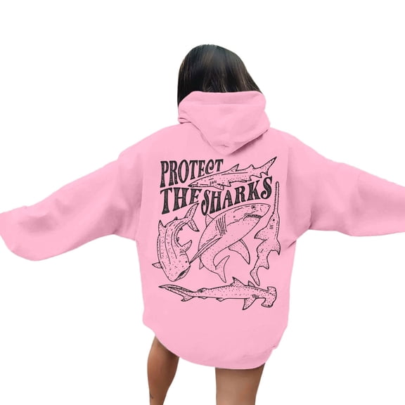 Fshinging Hoodie Sweatshirt For Women Letter Shark Print Long Sleeve Drawstring With Pockets Solid Color Fashion Clothes