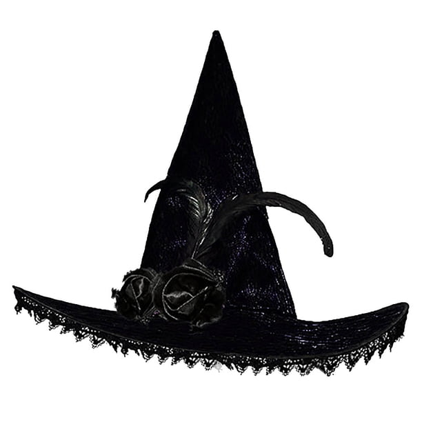 Sombreros de Halloween para mujer, de encaje morado, con encaje compuesto, sombrero de bruja, de fiesta, con plumas de rosa morada, sombrero de tela para mujer.
