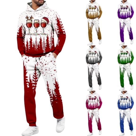 yuCgh Men's Christmas Holiday Hooded Sweatshirt and Jogging Pants Set, Two-Piece Festive Athletic Wear for Men in Seasonal Celebrations,Blue L
