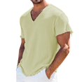 thumbnail image 6 of Bohemian Raw Hem V Neck Mens Short Sleeve Shirt, Fringe Casual Pullover, Skin Friendly Linen Blend Fabric for Seaside Walking Daily Vacation Outfits Light Yellow XL, 6 of 8