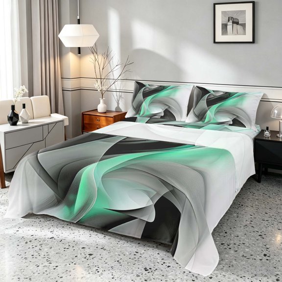Manfei Turqoise Black and Gray Queen Sheets, Modern Abstract Artwork, Black Reversible 4pcs1 Flat Sheet   1 Fitted Sheet   2 Pillowcases