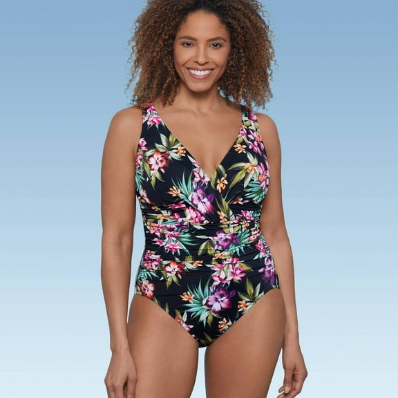 Women's UPF 50 V-Neck Ruched One Piece Swimsuit - Shape Style by Aqua Green® Multi Floral Print 12