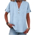 thumbnail image 4 of Linen Shirts for Women Linen Blouses Plus Size Summer Outfits Women's Tunics V Neck Summer Tops Button Tunic Blouse Short Sleeve Tee Shirts Womens Shirts for Women Summer Blouses Light Blue XXL, 4 of 9