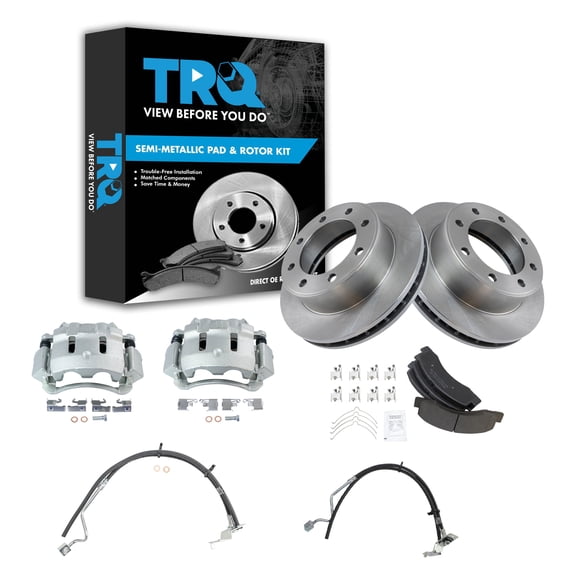 TRQ Front Brake Pad & Rotor Kit Brake Caliper Brake Hose Brake Pads Brake Rotor Semi-Metallic Fits Select 2000-2005 Ford Excursion 2000-2004 F-250 Super Duty F-350 Super Duty