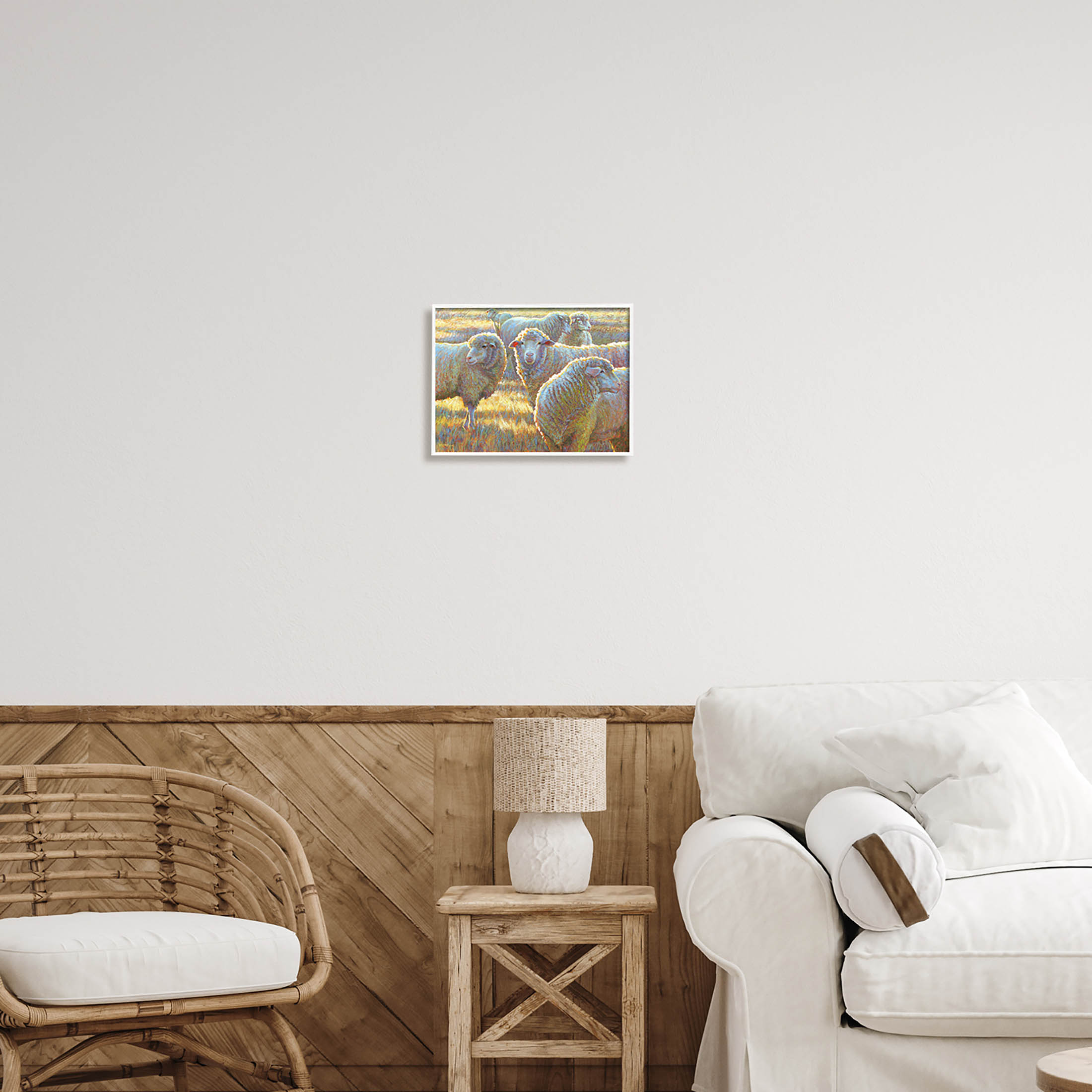 Sheep Herd Grazing Grassland Animals & Insects Painting White Framed Art Print Wall Art