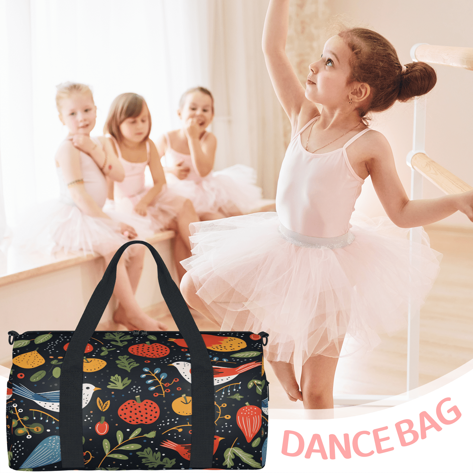 Herdesigns Colorful Birds Gym Bag for Women, Duffle Bag for Travel Sport, Fruit and Bird Lightweight Waterproof Carry on Weekender Dance Yoga Workout Bags