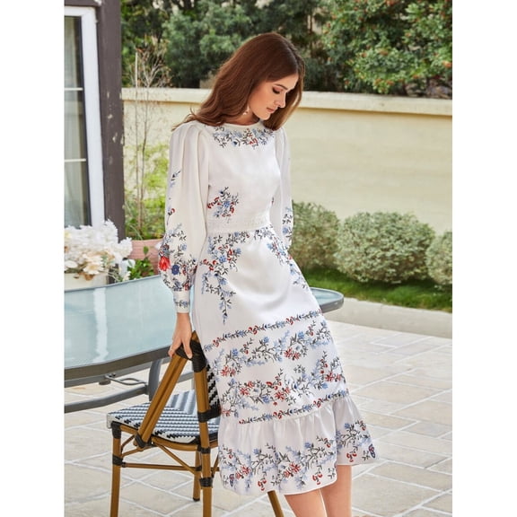 White Floral Embroidered Lantern Sleeve Ruffle Hem Midi Dress