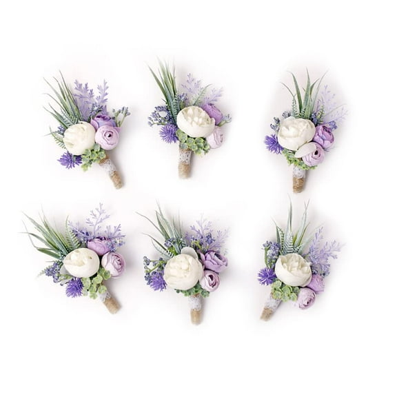 Set of 6 Purple Boutonniere for Best Men Groom Groomsmen White Buttonholes for Wedding Party Prom Decoration